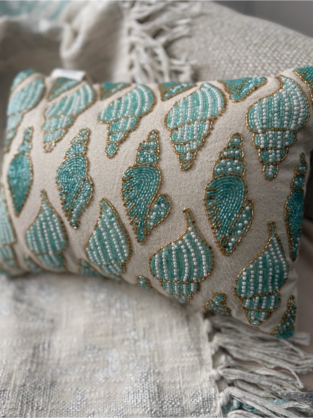 Gorgeous Coastal Beaded Pearl Embroidered Seashell Accent Pillow Teal Mint Gold